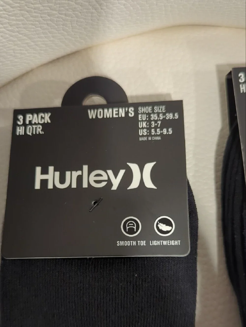 Hurley Women’s Black Crew Socks with White Stripes and Logo - 6 Pair Total - Picture 2 of 5